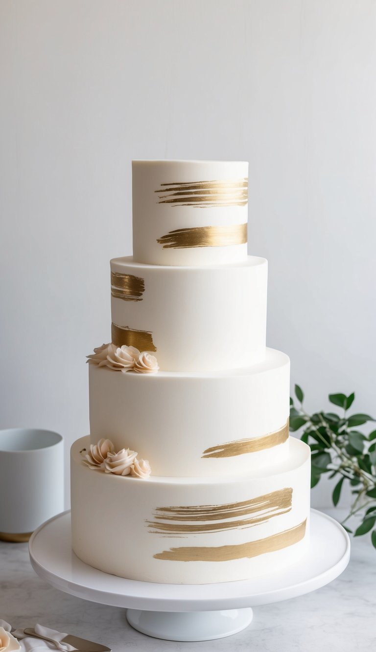 A three-tiered white cake with intricate gold brushstroke accents