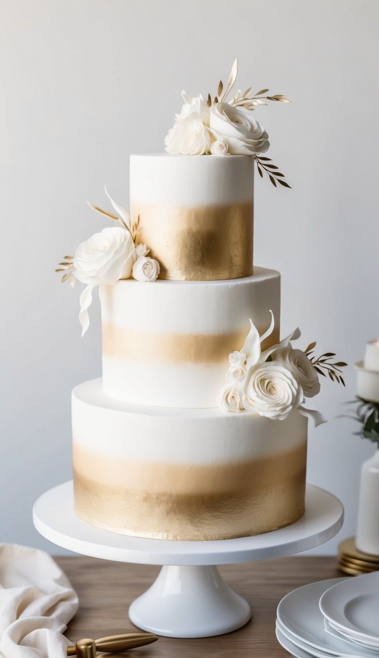 A three-tiered cake with ombre fade from white to gold, adorned with elegant and luxurious white-and-gold decorations