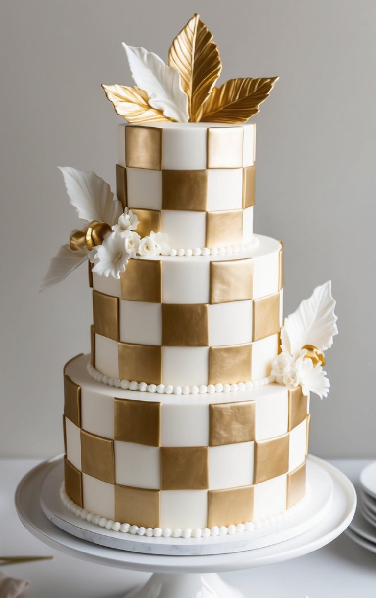 Three-tiered cake decorated with a white and gold checkerboard pattern, white pearl-like borders, and adorned with elegant gold and white fondant leaves and flowers on each layer.