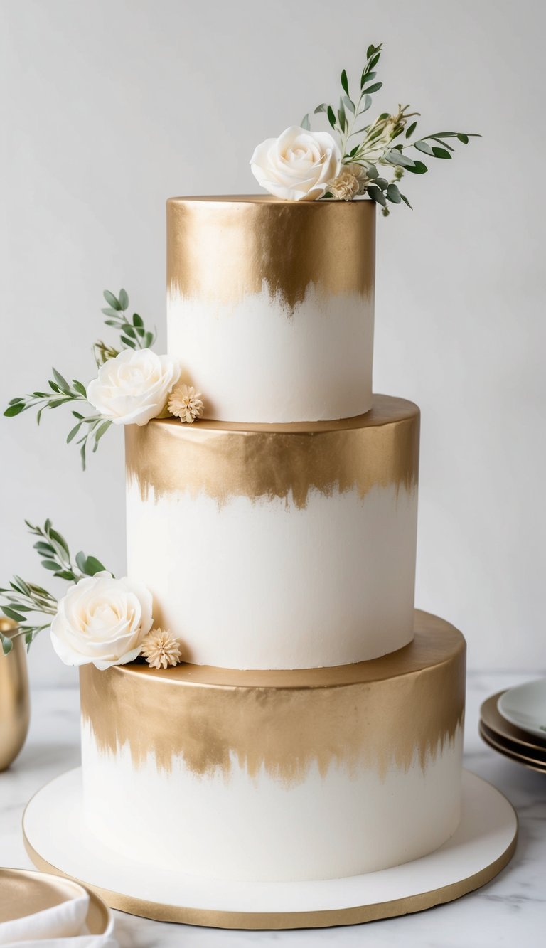 A three-tiered cake with gold brushed metallic effect and elegant white-and-gold decorations