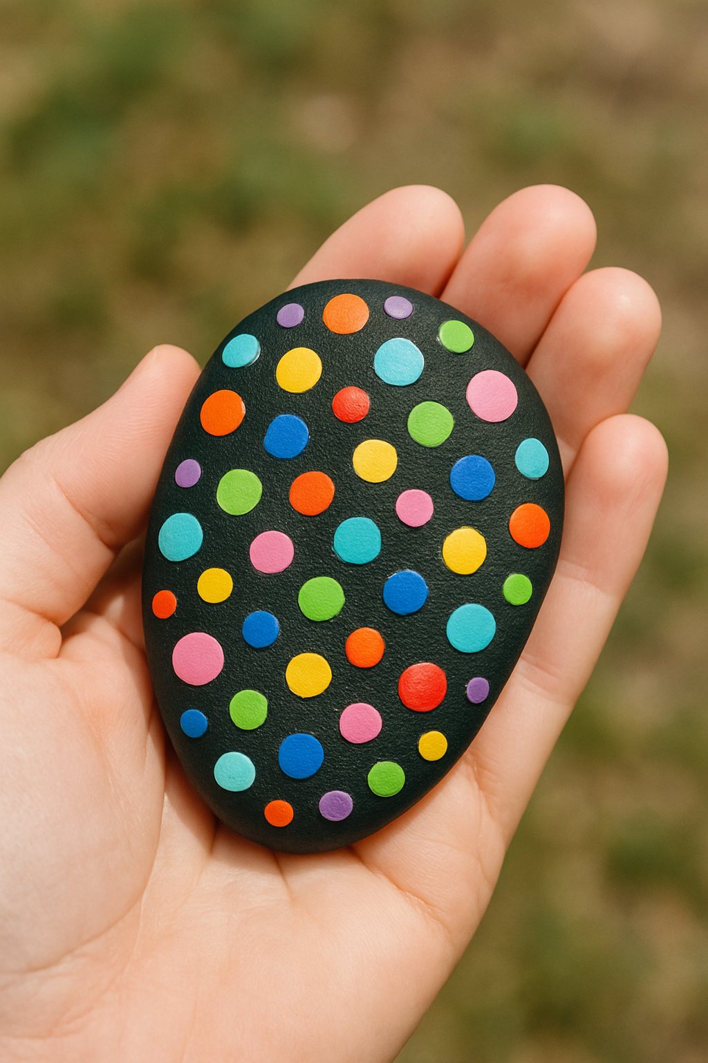 A hand holding a smooth river rock painted with colorful polka dots.