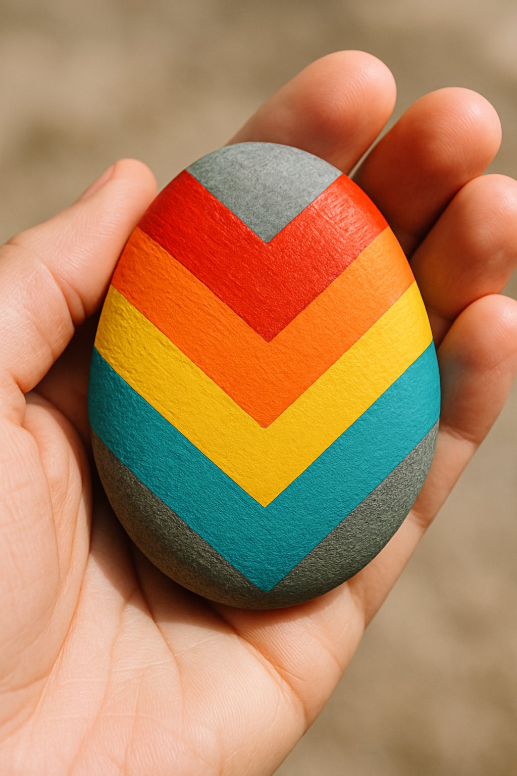 A hand holding a smooth painted rock with a chevron pattern.