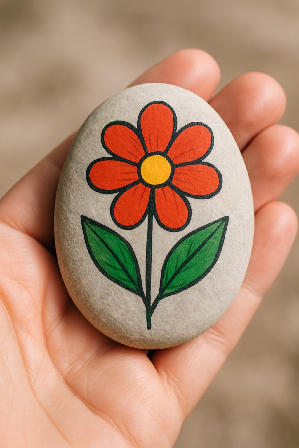 A hand holding a smooth river rock painted with a colorful flower design.