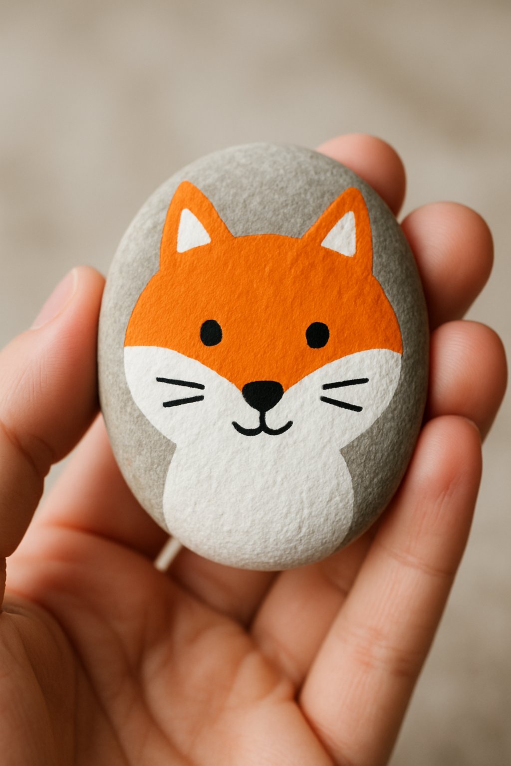 A hand holding a smooth river rock painted with an animal face design.