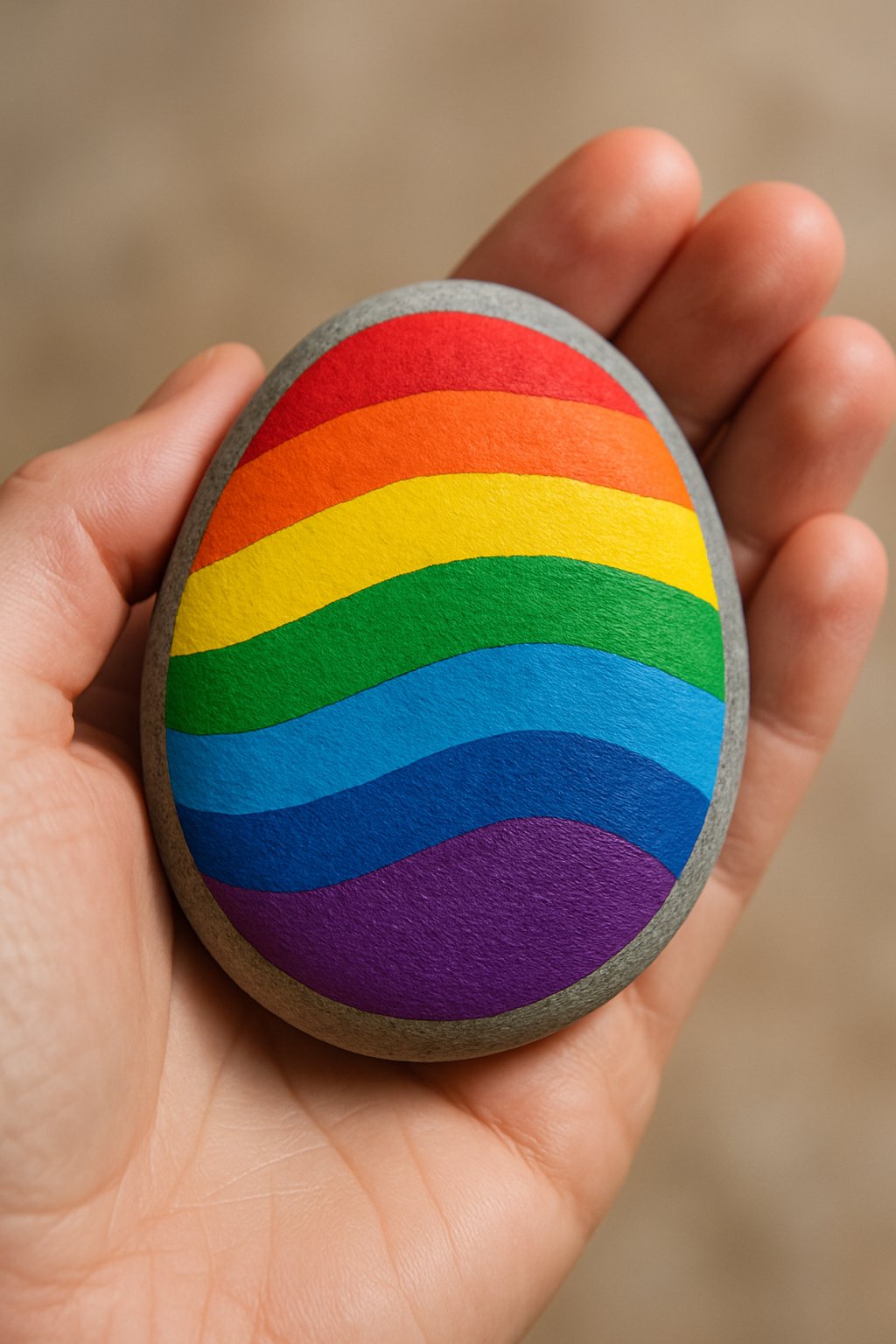 A hand holding a smooth river rock painted with colorful rainbow stripes.