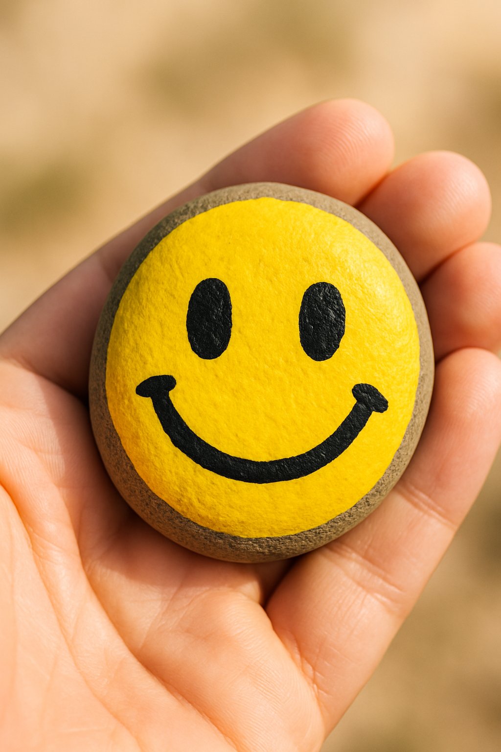 A hand holding a smooth river rock painted with a smiling emoji face.