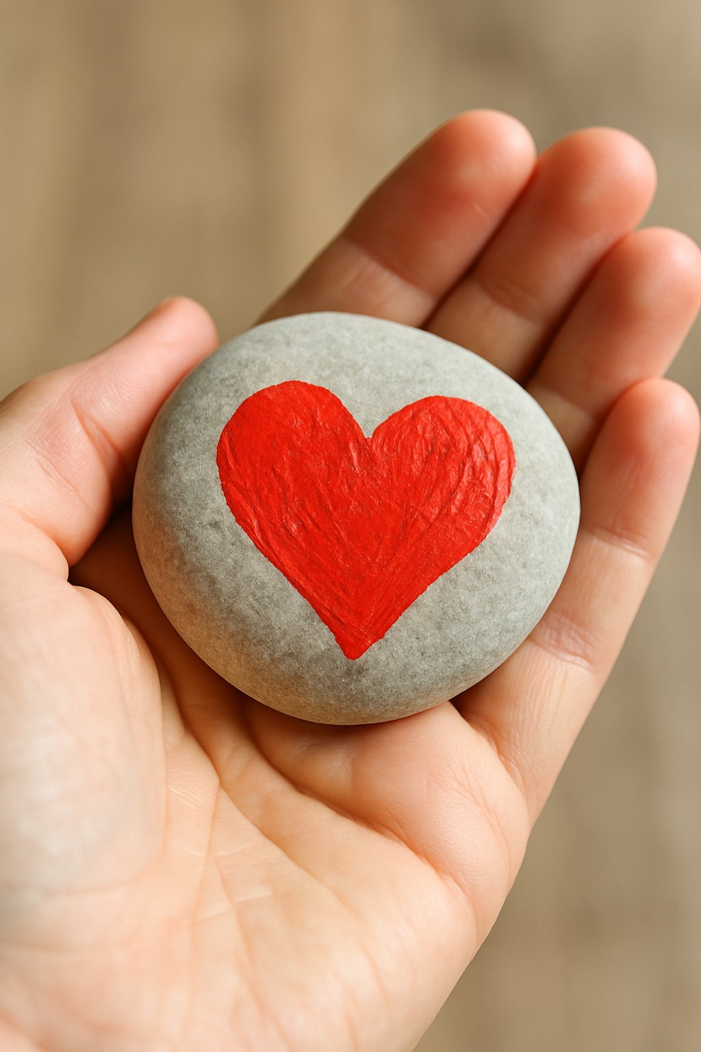 A hand holding a smooth river rock painted with a red heart.