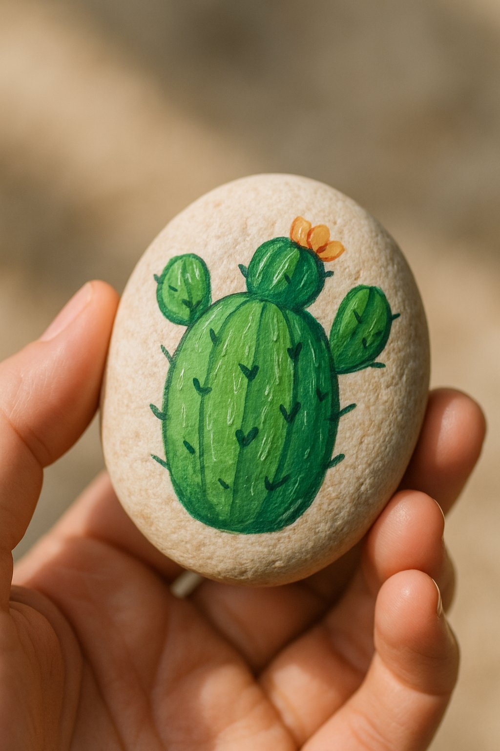 A hand holding a smooth river rock painted with a small green cactus design.