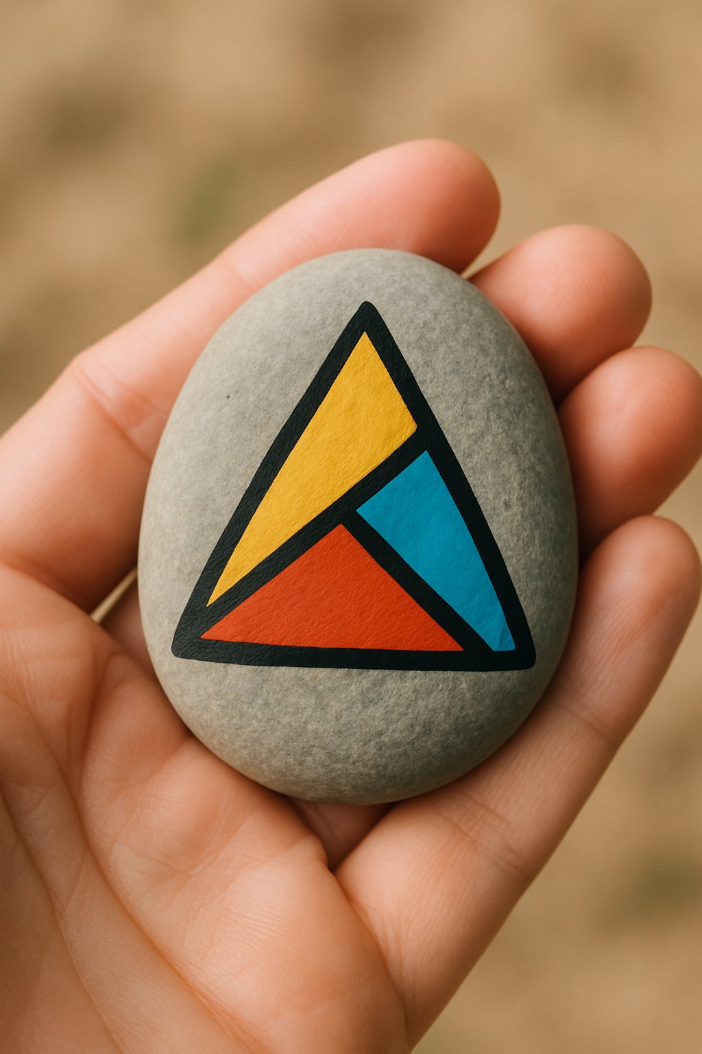 A hand holding a smooth river rock painted with a geometric triangle design.