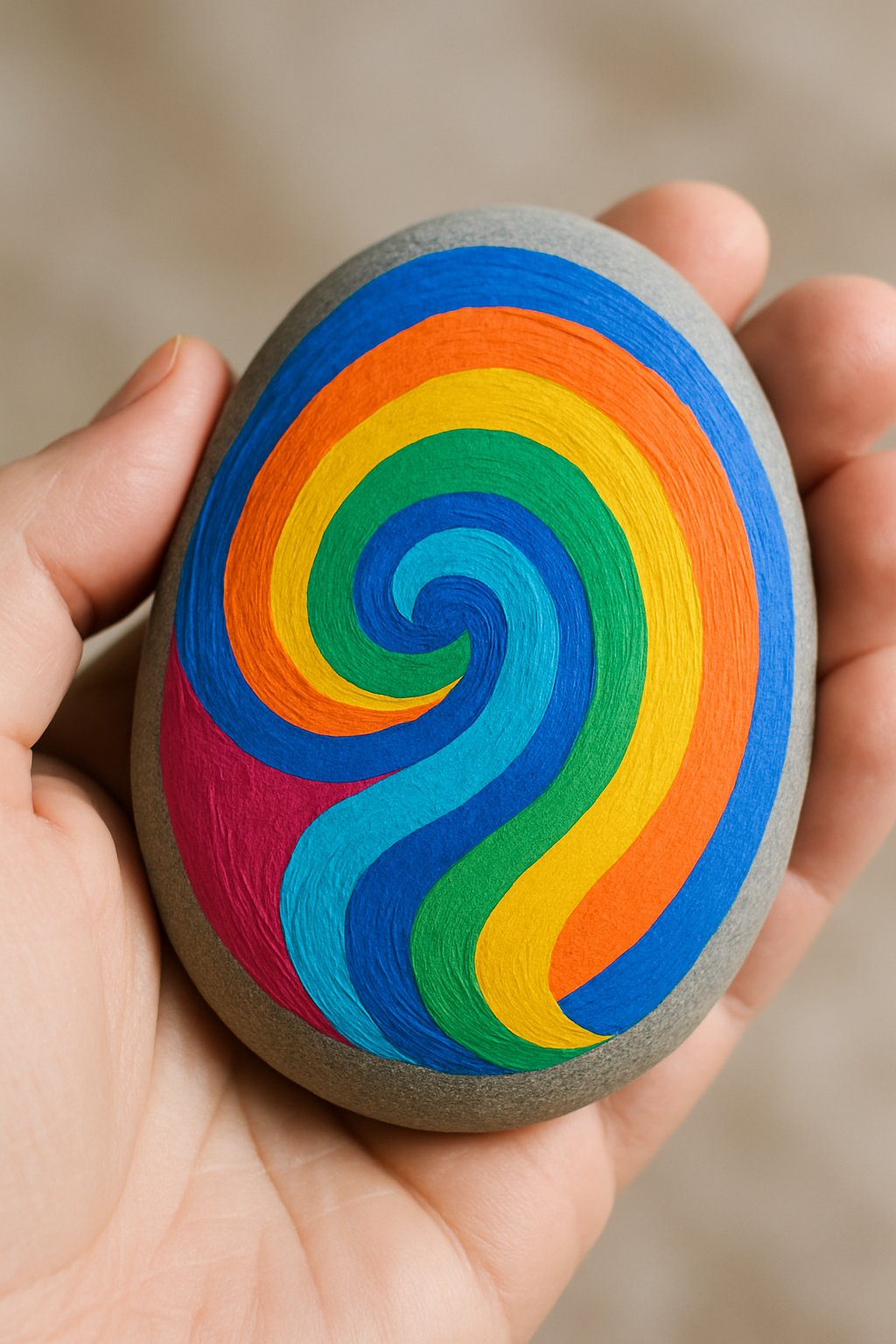 A hand holding a smooth painted river rock with an abstract swirl design.