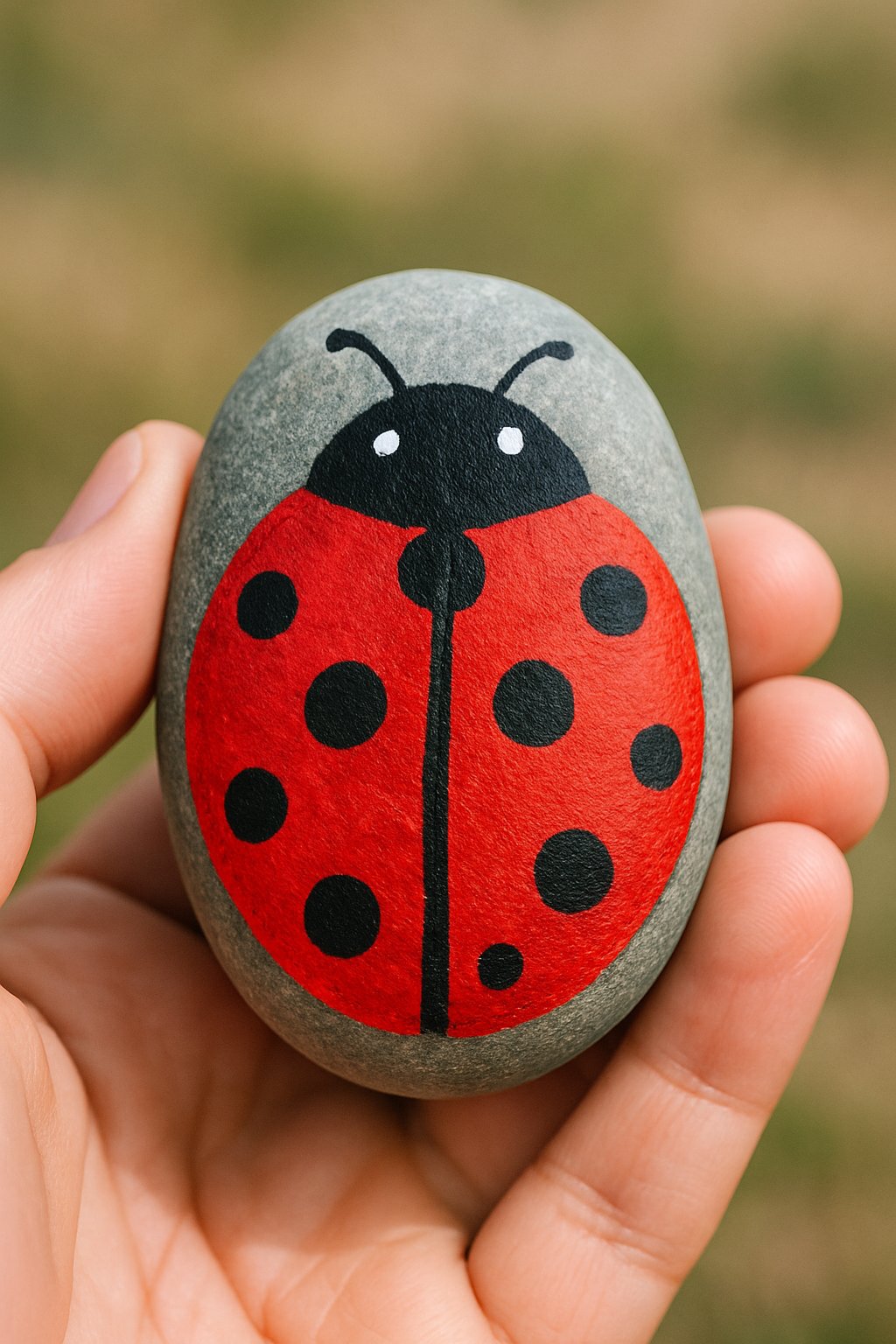 A hand holding a smooth river rock painted with a ladybug design.