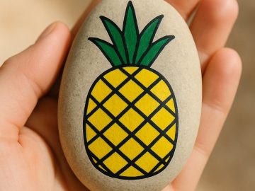 A hand holds a smooth, oval-shaped stone with a bright yellow pineapple and green leaves painted on it.