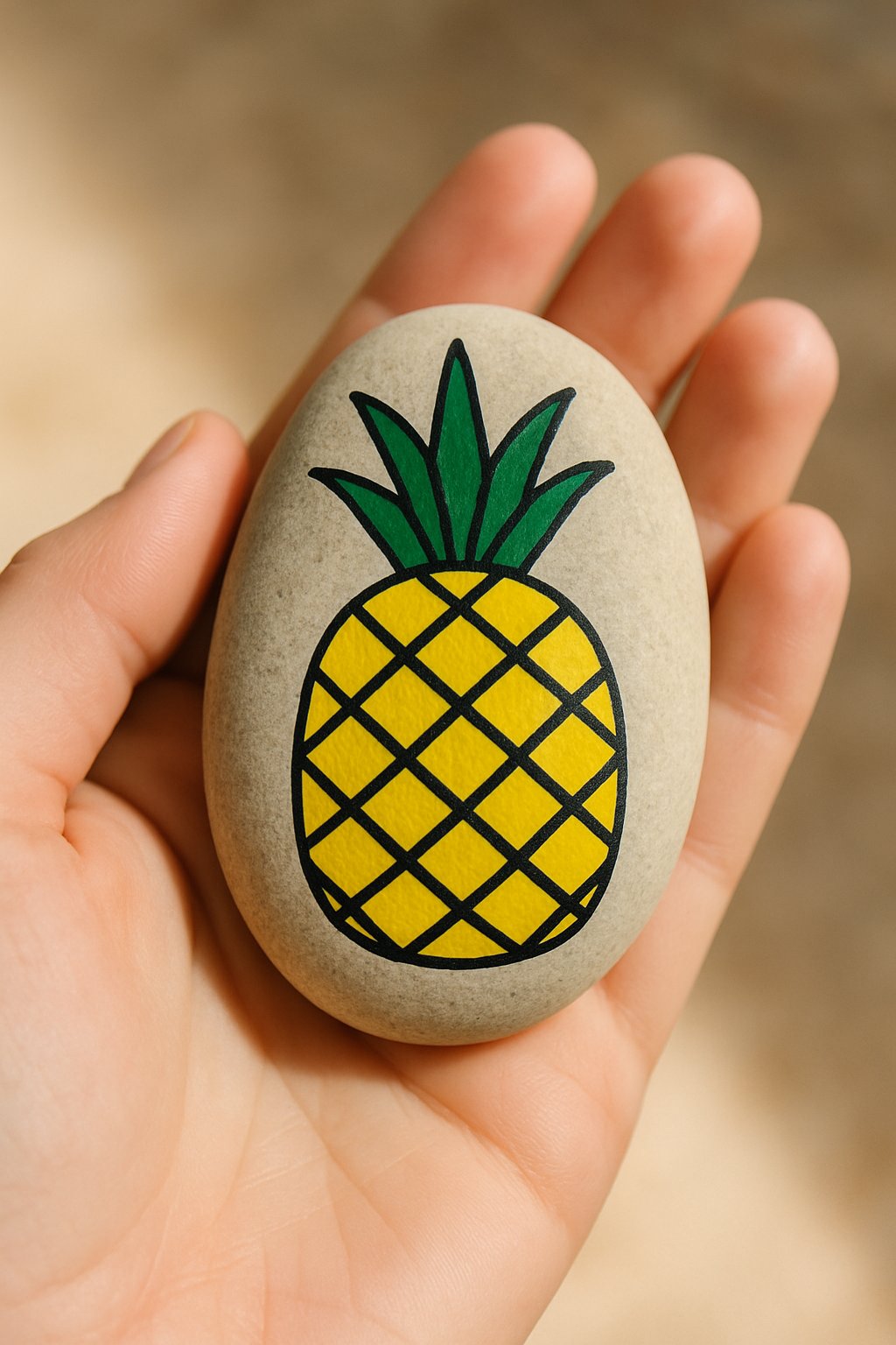 A hand holding a smooth river rock painted with a pineapple design.