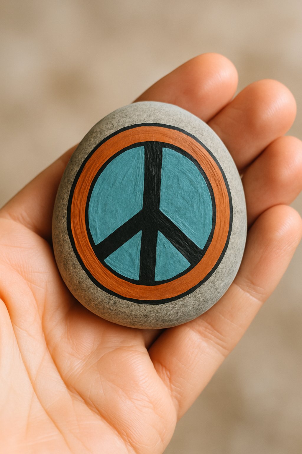 A hand holding a smooth river rock painted with a peace sign design.