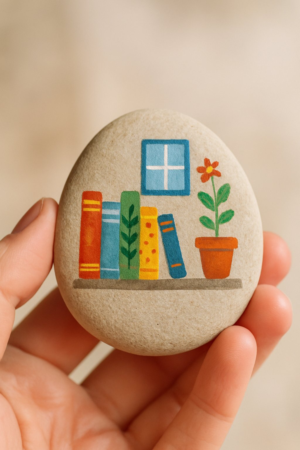 A hand holding a smooth painted river rock with a colorful design.