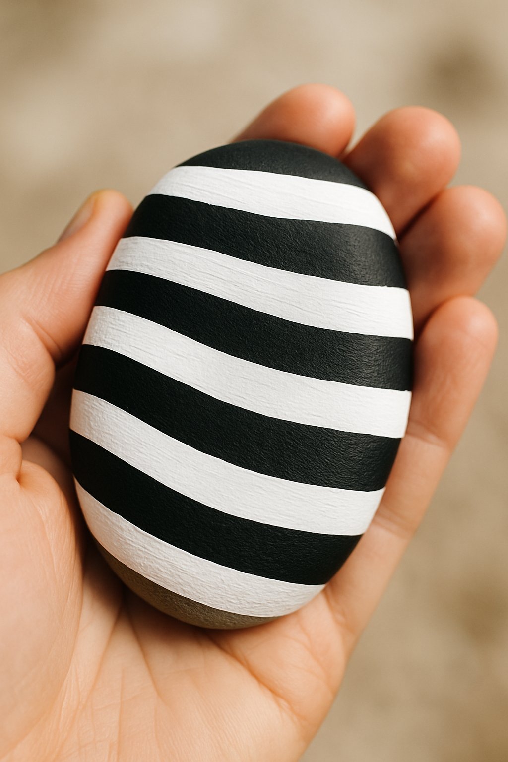 A hand holding a smooth river rock painted with black and white stripes.