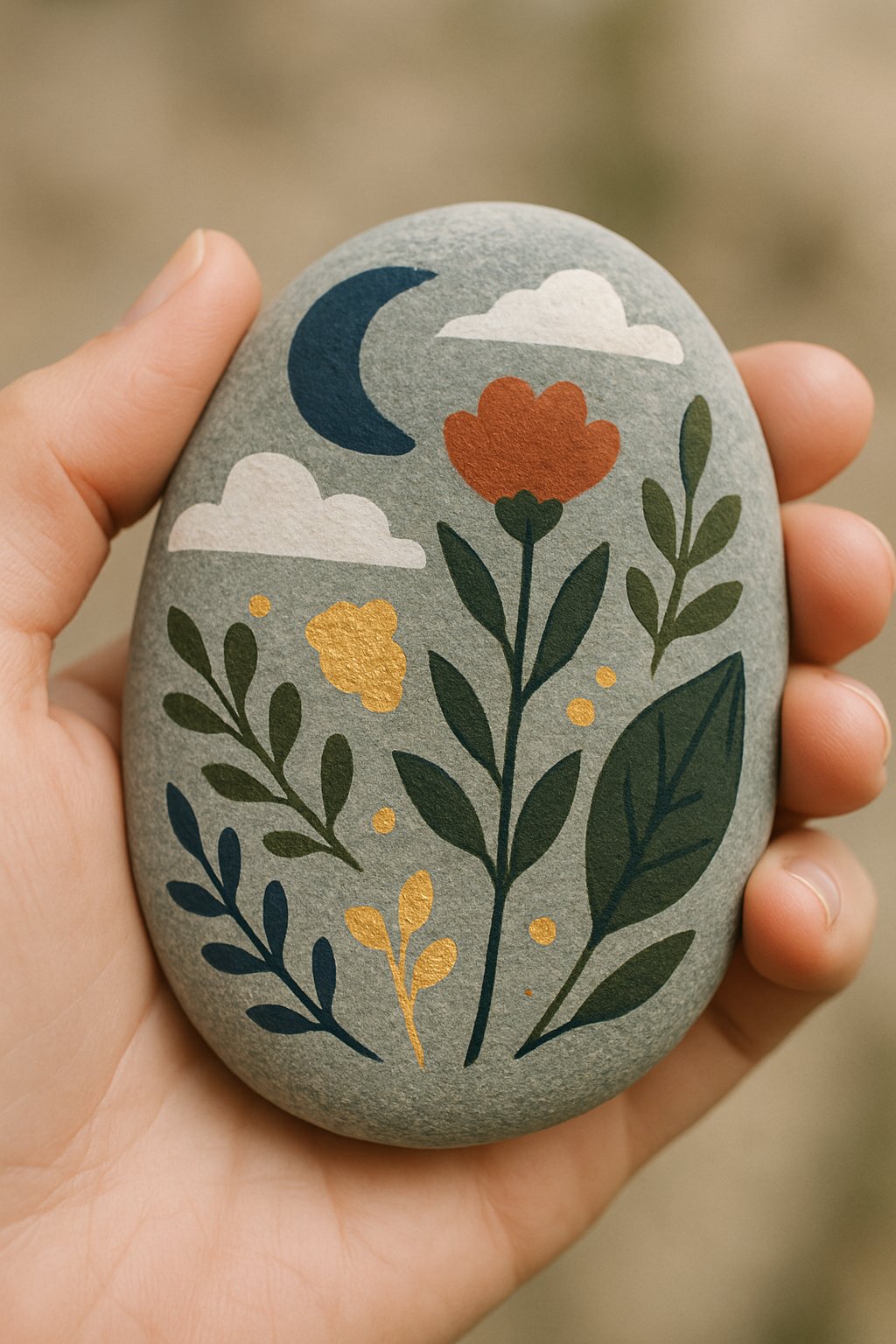 A hand holding a smooth river rock painted with simple artistic designs and gold leaf accents.