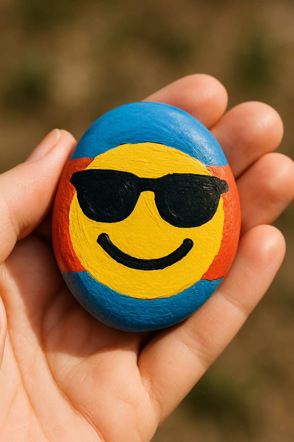 A hand holding a smooth river rock painted with a smiling face wearing sunglasses.