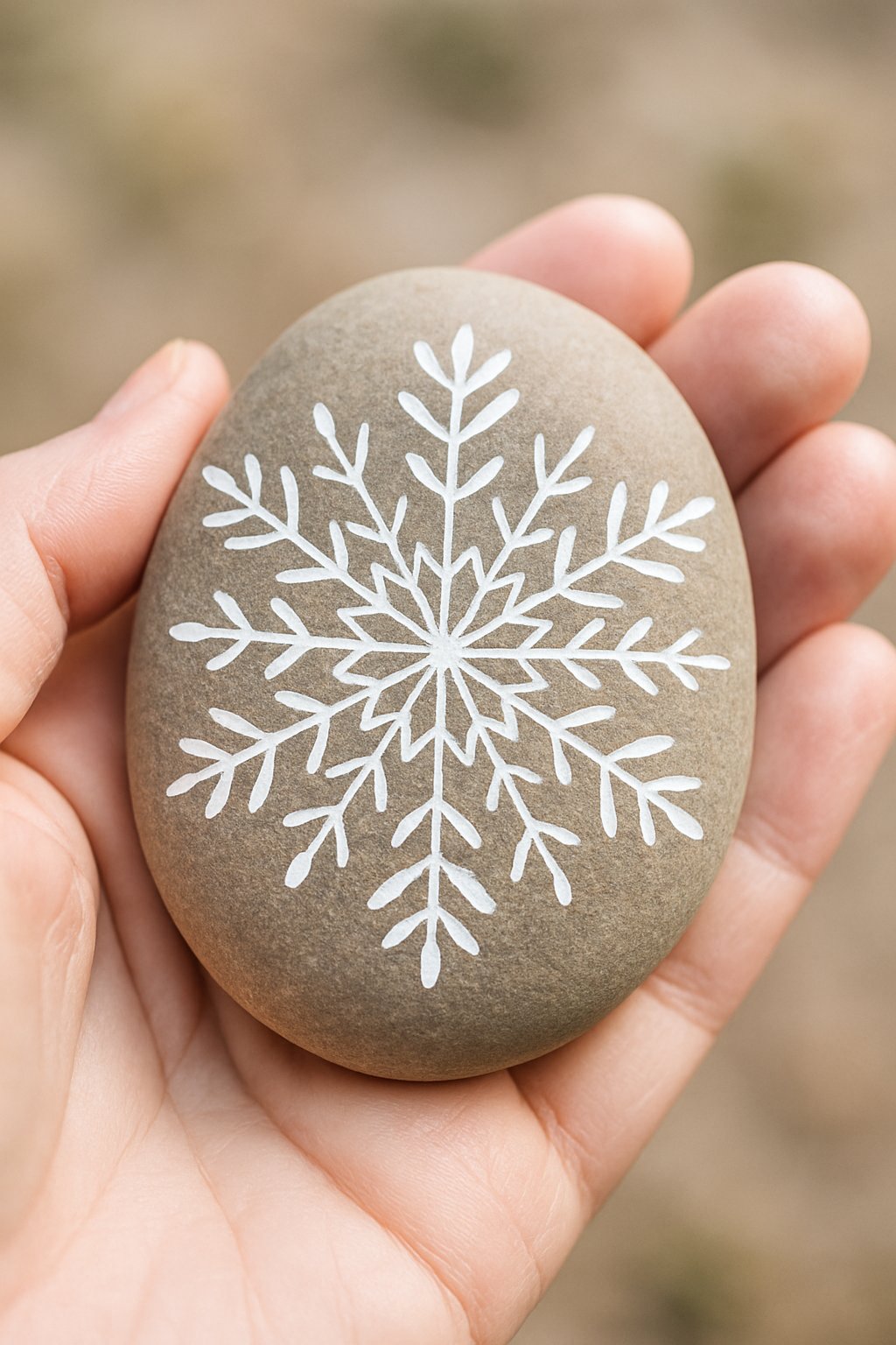 A hand holding a smooth river rock painted with a white snowflake pattern.