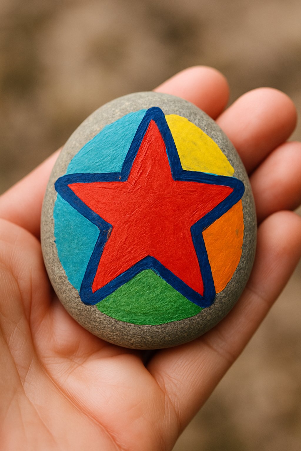 A hand holding a smooth river rock painted with a colorful star design.