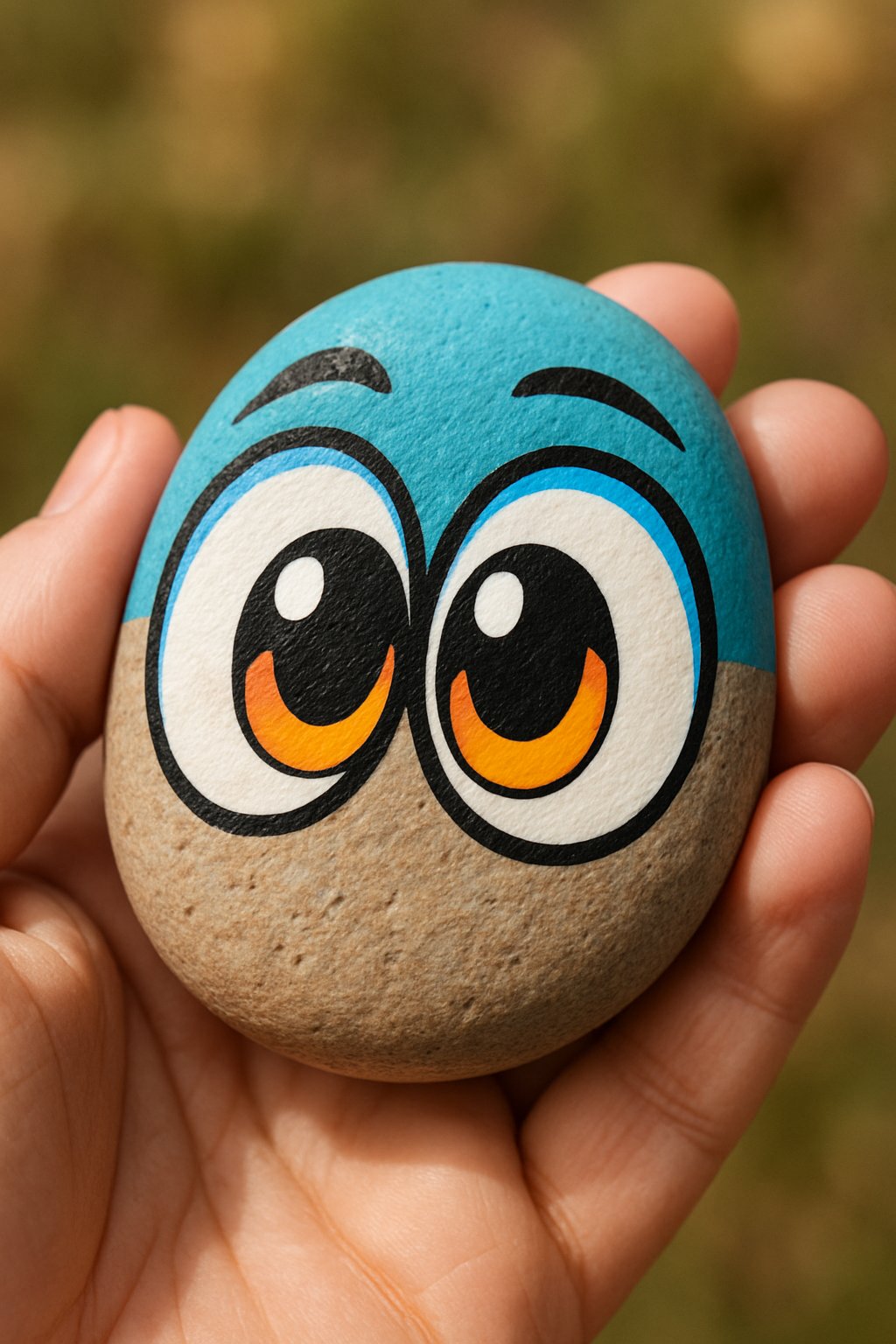 A hand holding a smooth river rock painted with cartoon eyes.