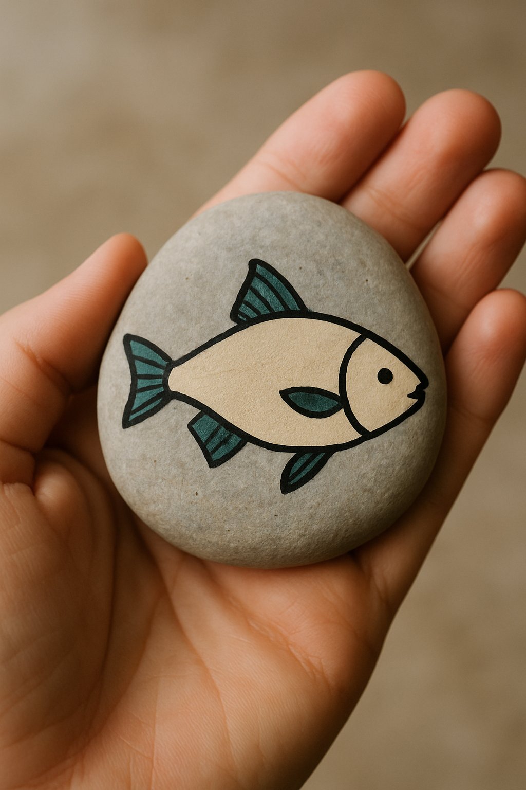 A hand holding a smooth river rock painted with a simple fish design.