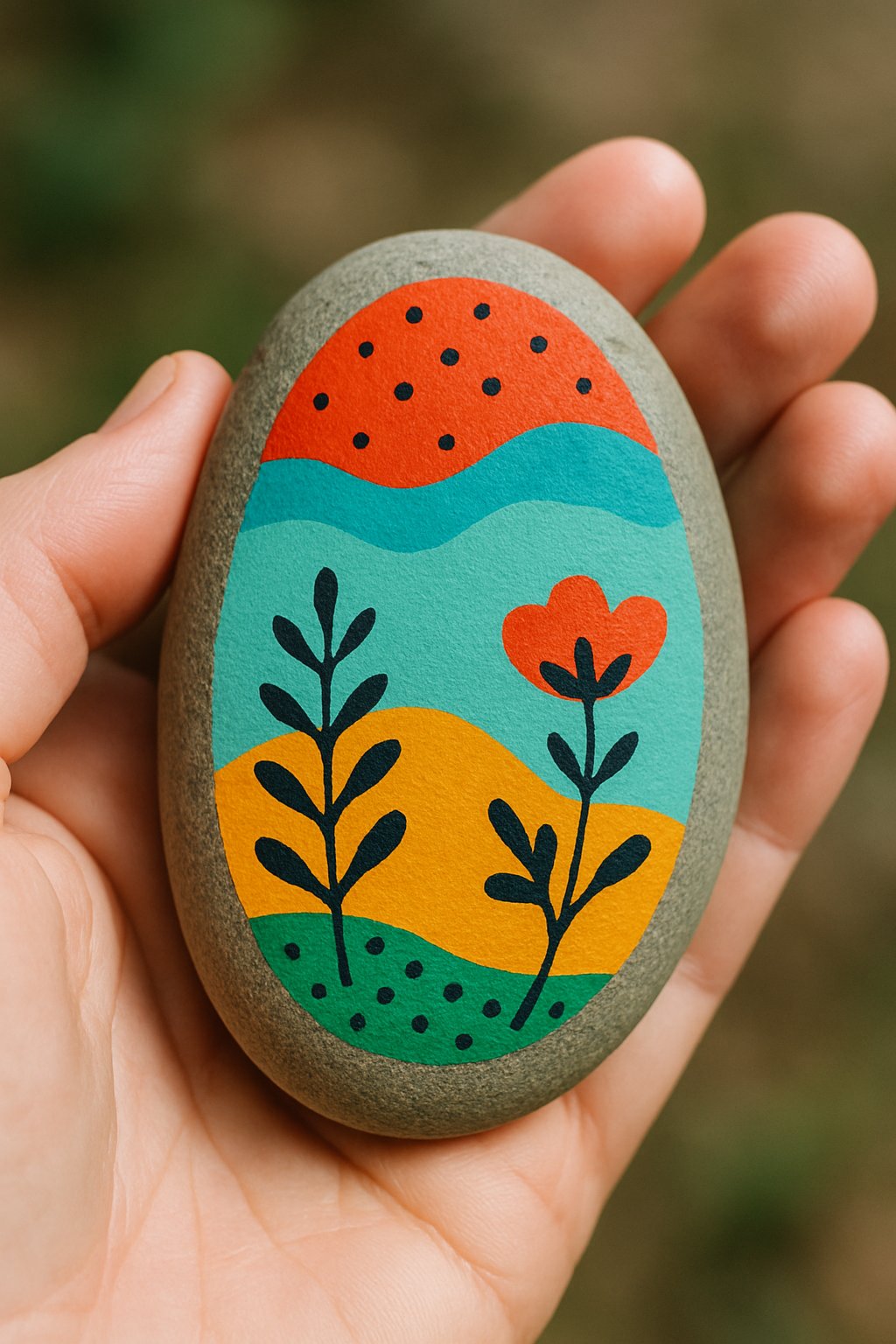 A hand holding a smooth painted river rock with a simple artistic design.