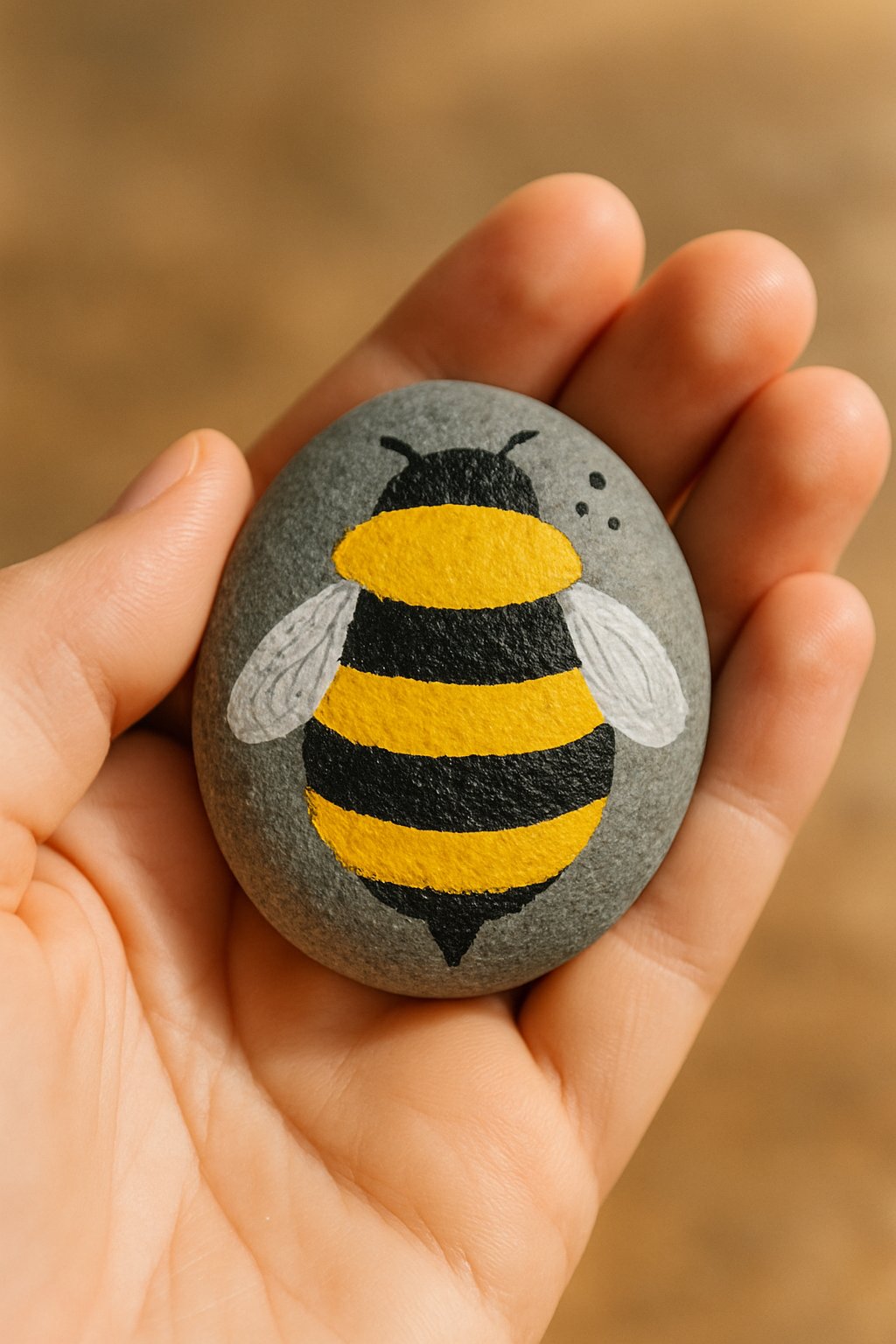 A hand holding a smooth painted river rock with a bumblebee design.