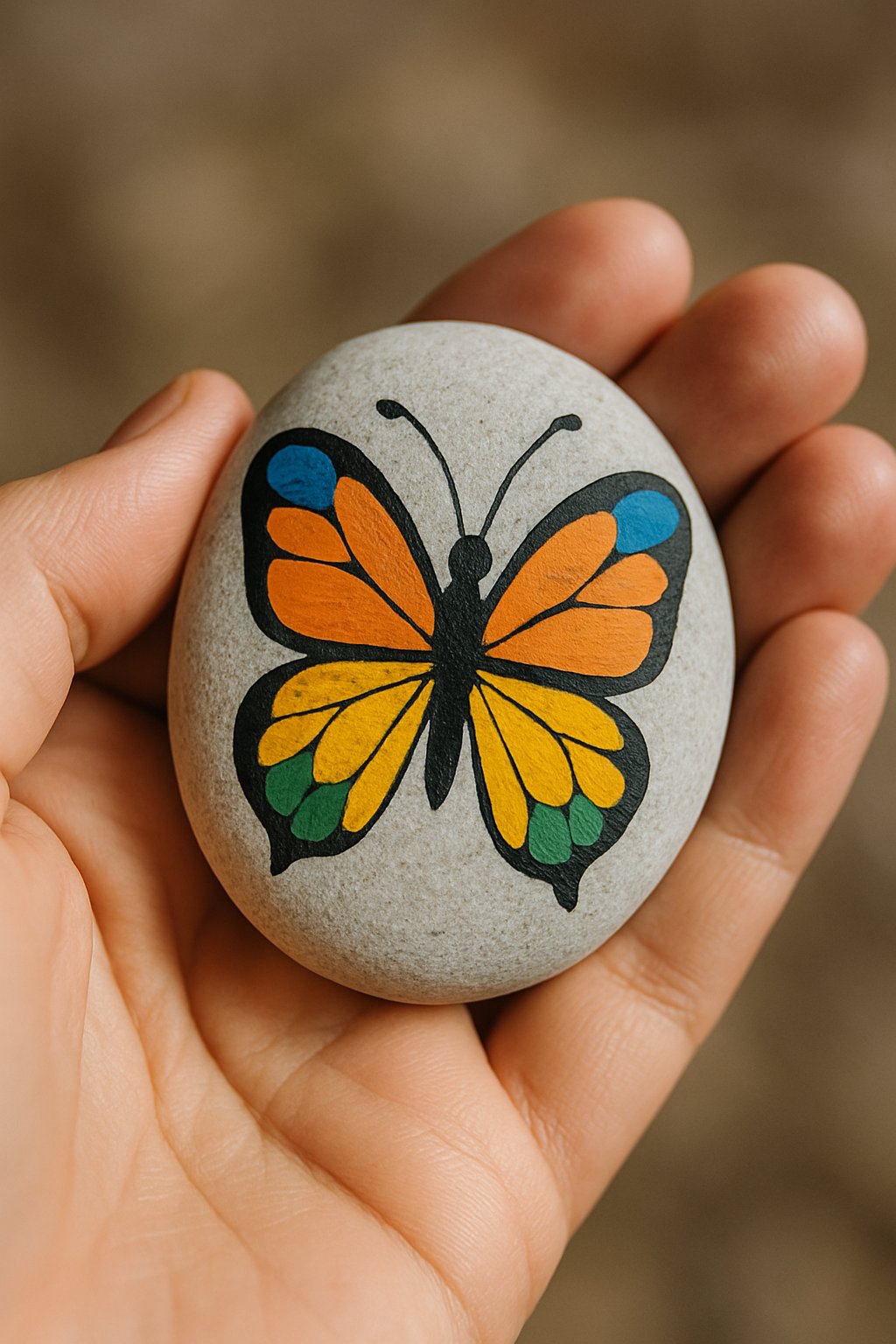 A hand holding a smooth river rock painted with a colorful butterfly design.