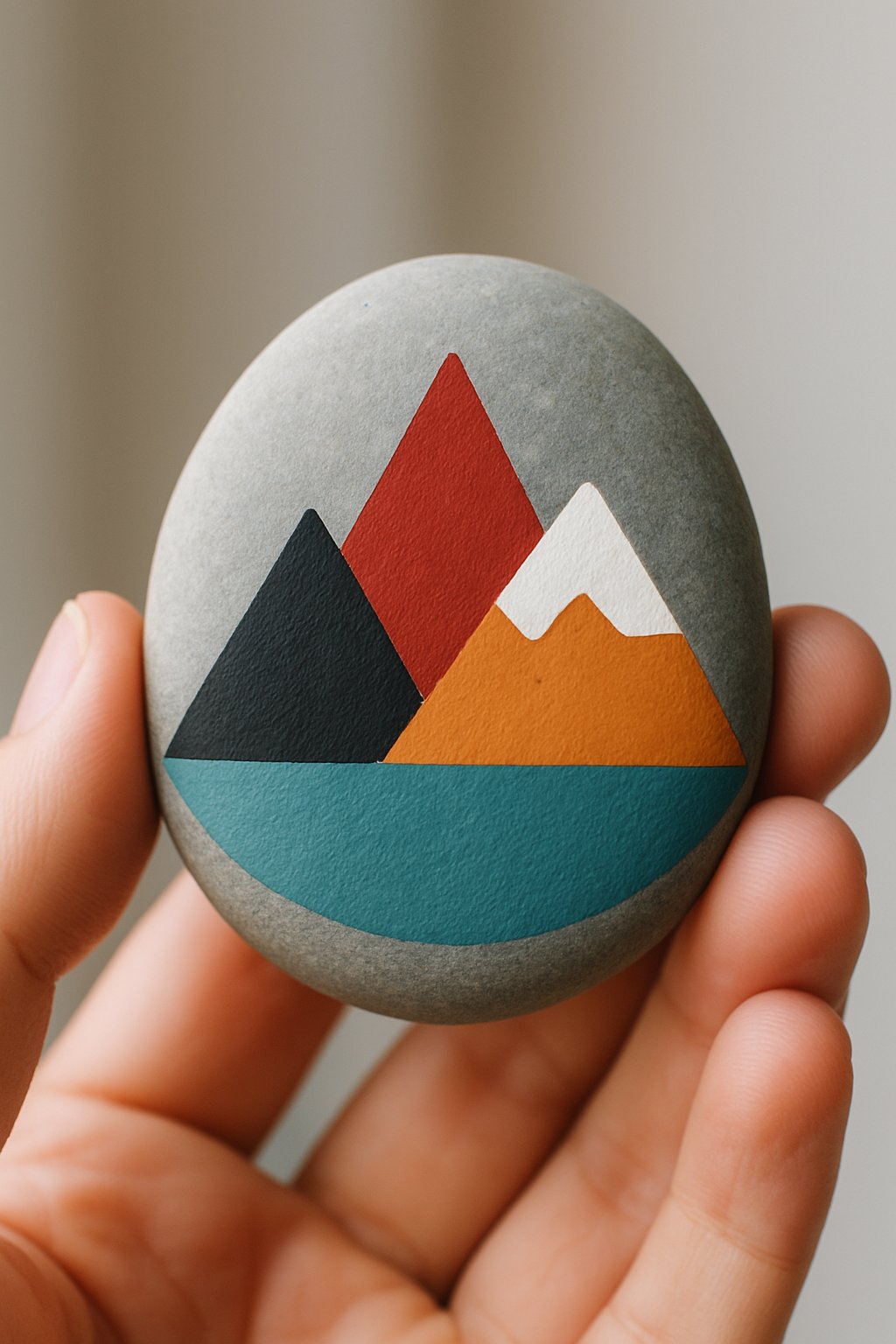 A hand holding a smooth river rock painted with a simple triangle design.