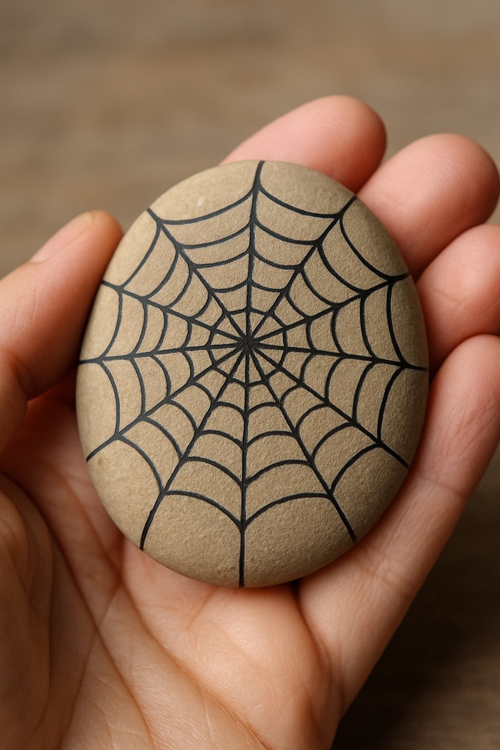 A hand holding a smooth river rock painted with a spider web pattern.