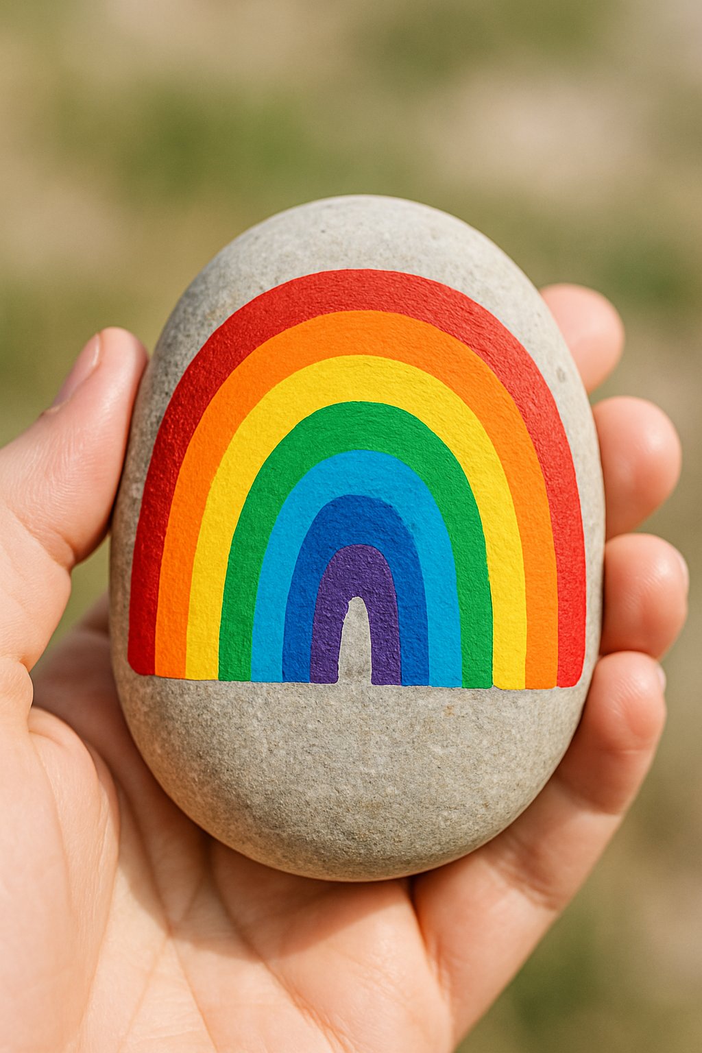 A hand holding a smooth painted river rock with colorful rainbow semi-circle designs.
