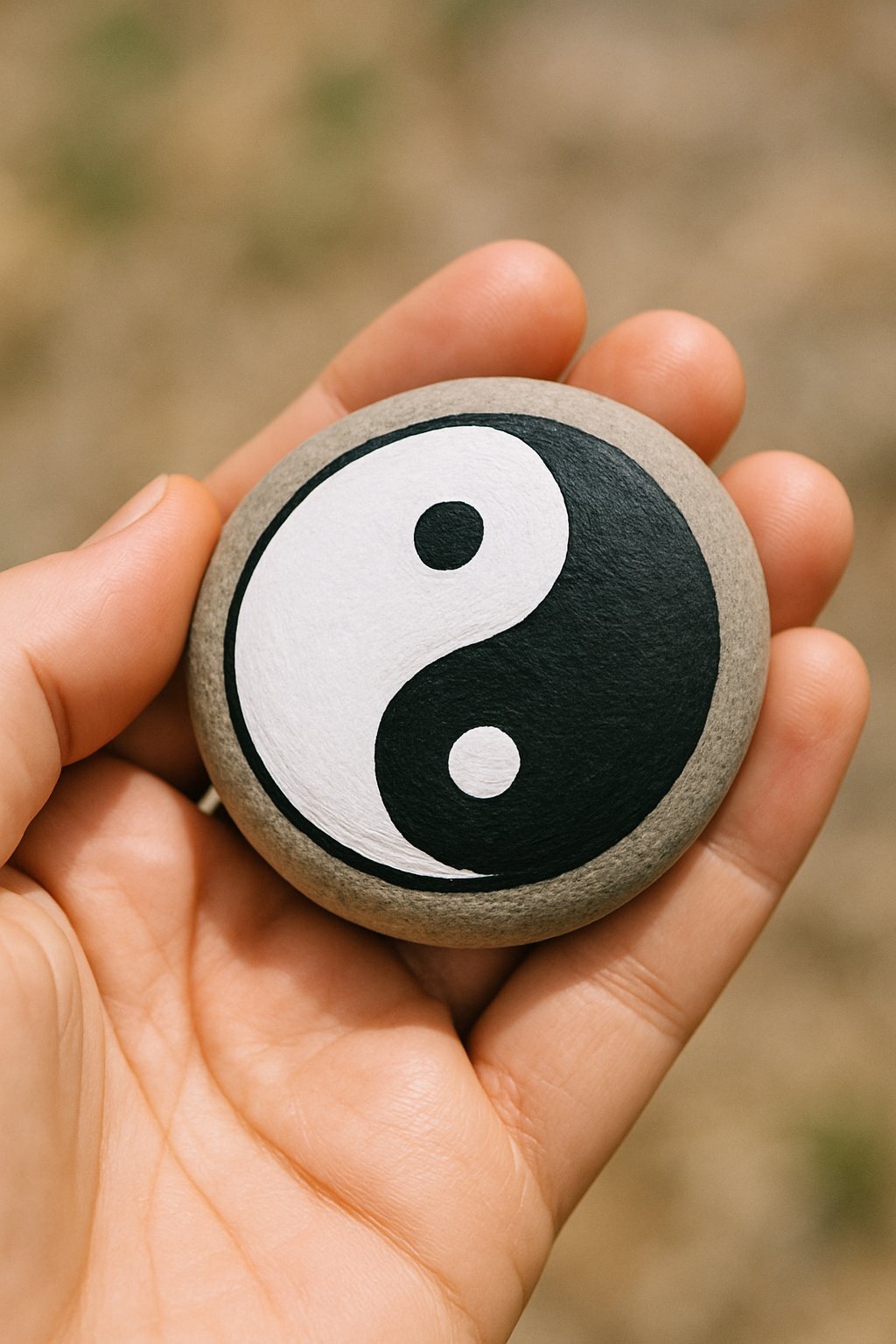 A hand holding a smooth river rock painted with a black and white Yin Yang design.
