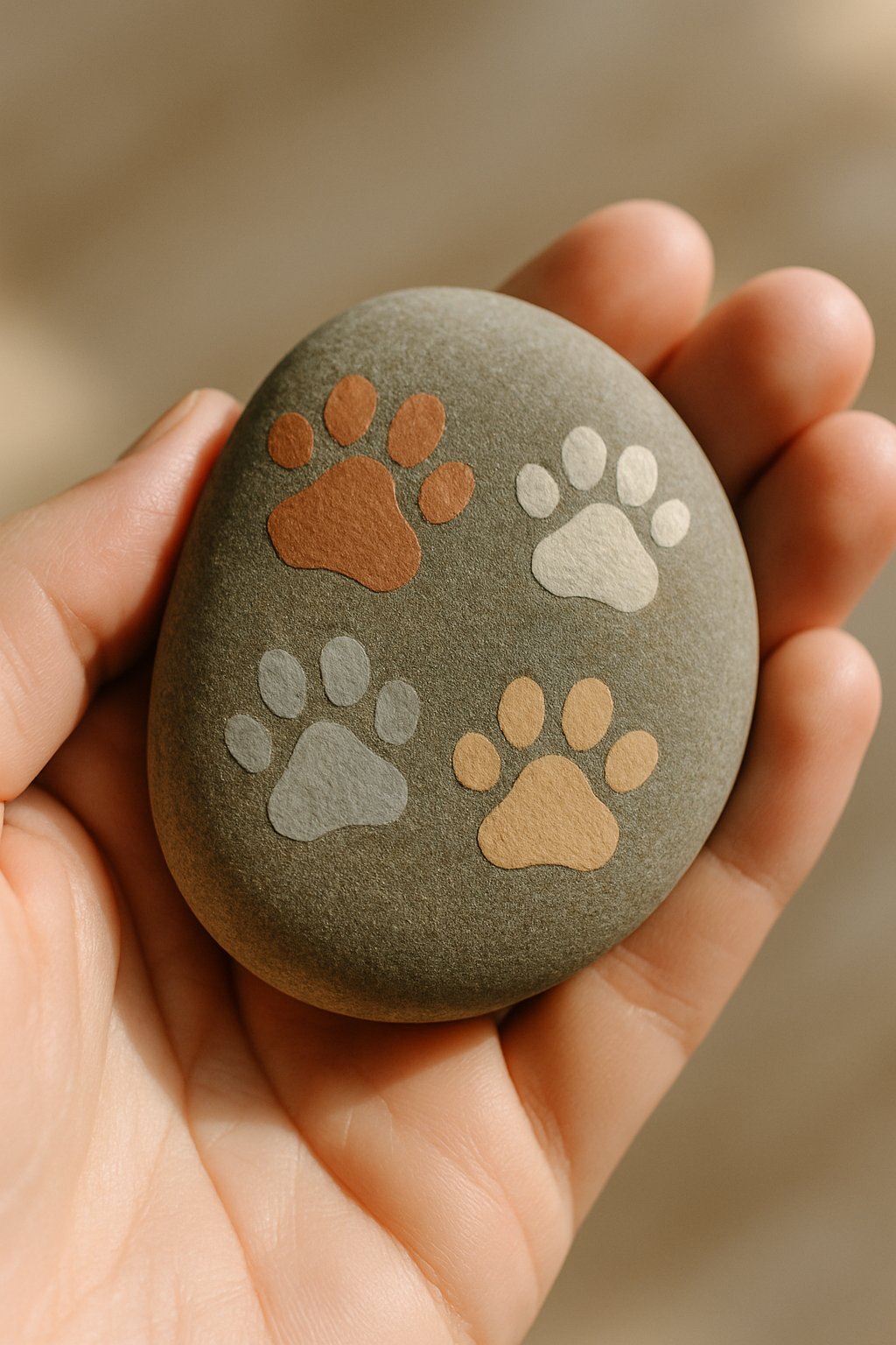 A hand holding a smooth river rock painted with cute paw prints.