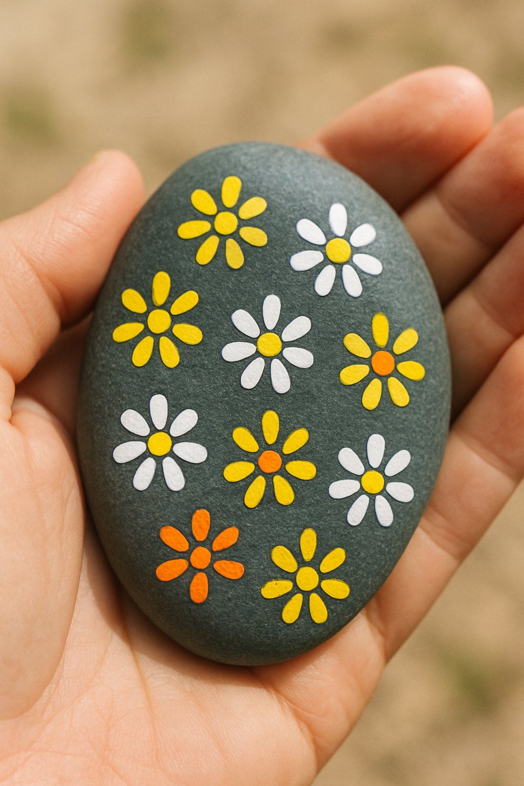 A hand holding a smooth river rock painted with colorful dot flower designs.