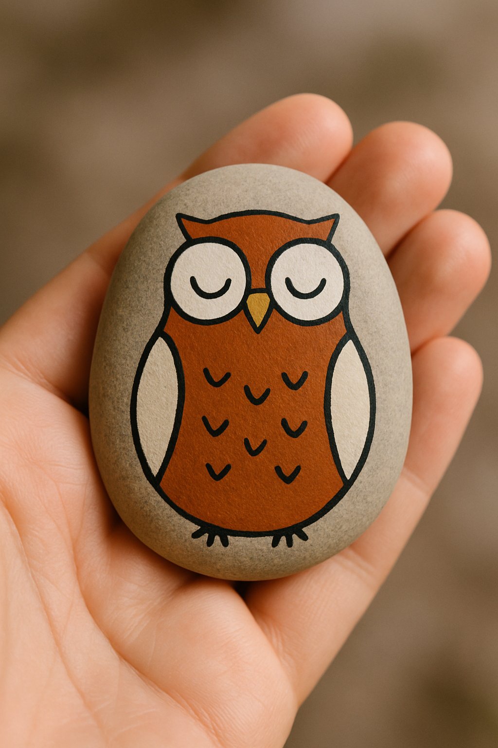 A hand holding a smooth river rock painted with a simple owl design.