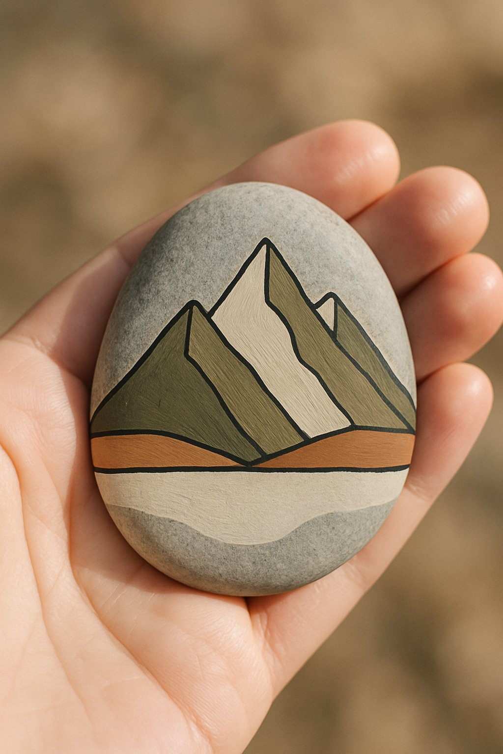 A hand holding a smooth painted river rock with a mountain design.