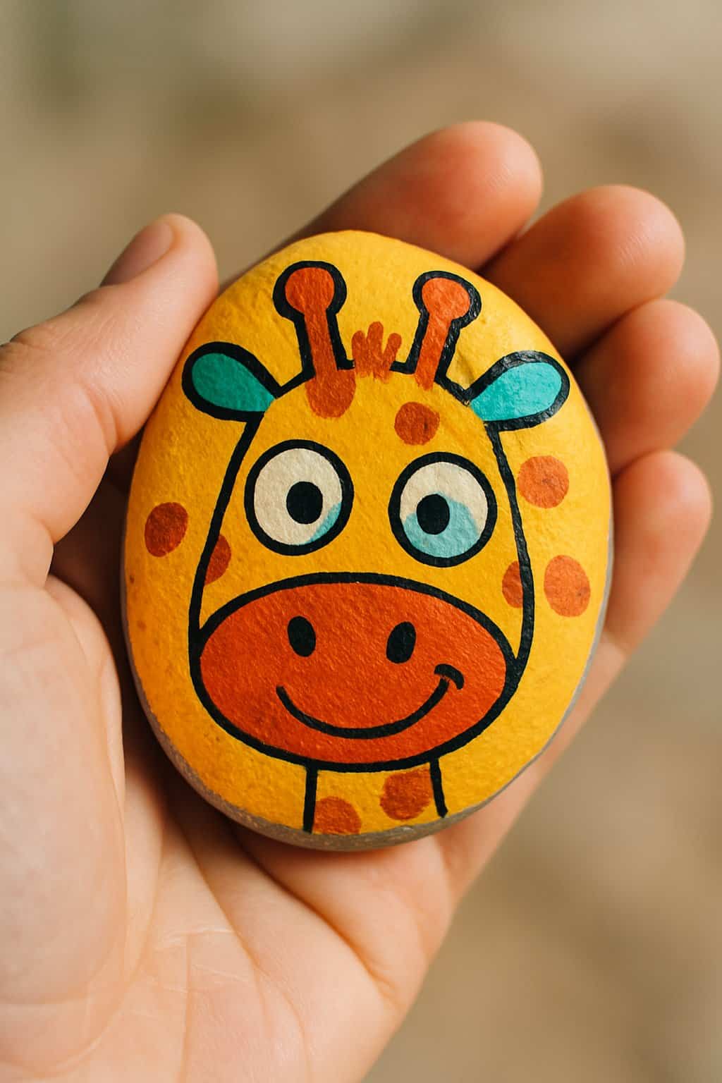 A hand holding a smooth river rock painted with a colorful, funny design.