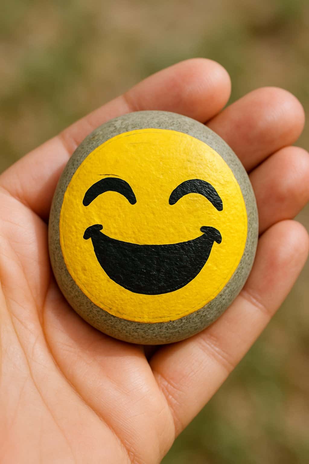 A hand holding a smooth river rock painted with a laughing emoji face.