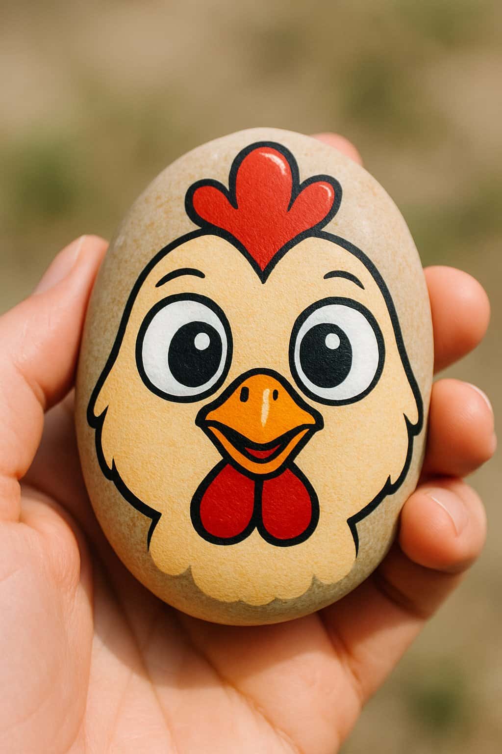 A hand holding a smooth river rock painted with a cartoon chicken face.