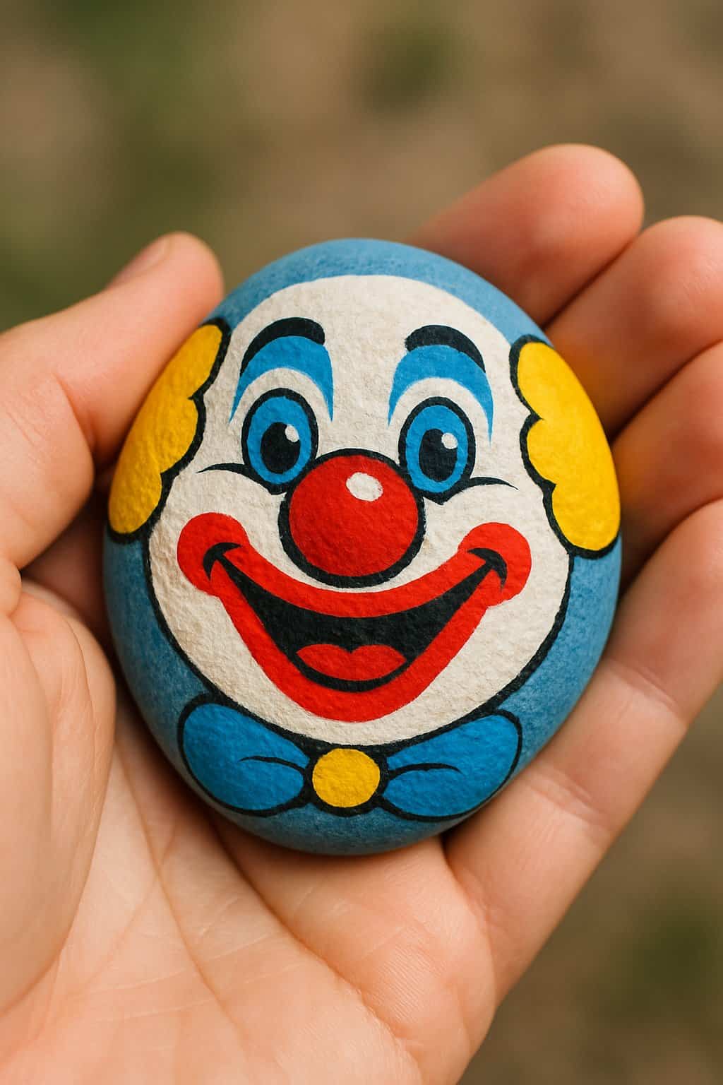 A hand holding a smooth river rock painted with a colorful clown face.