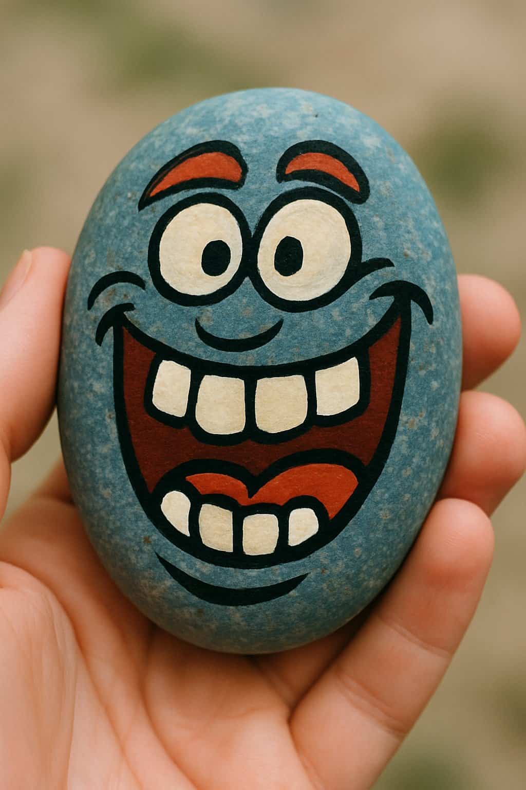 A hand holding a smooth river rock painted with a goofy toothy grin.