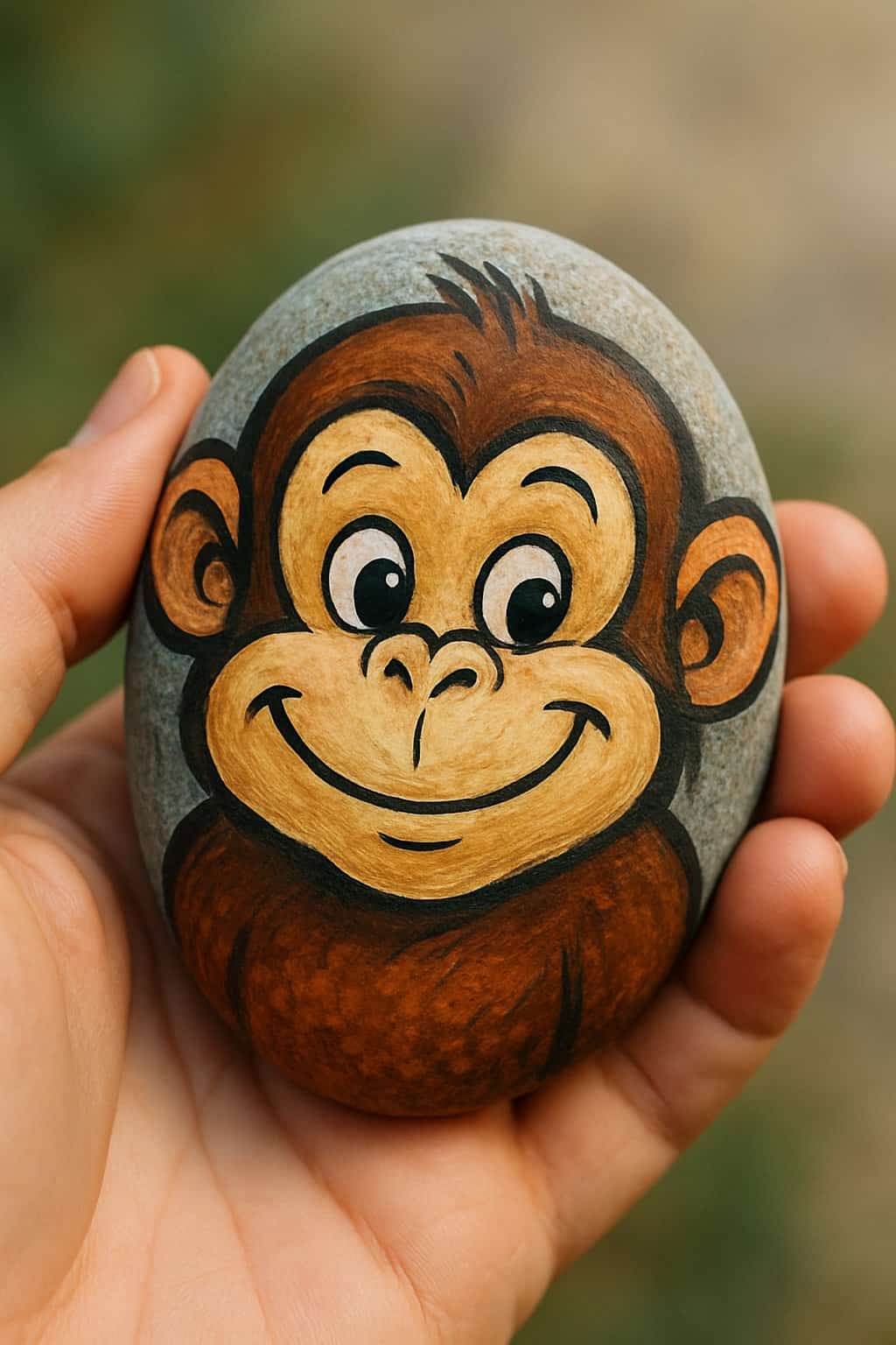 A hand holding a smooth river rock painted with a cheeky monkey face.