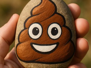 A hand holds a smooth stone painted with a smiling poop emoji, featuring large white eyes and a wide grin, against a blurred outdoor background.