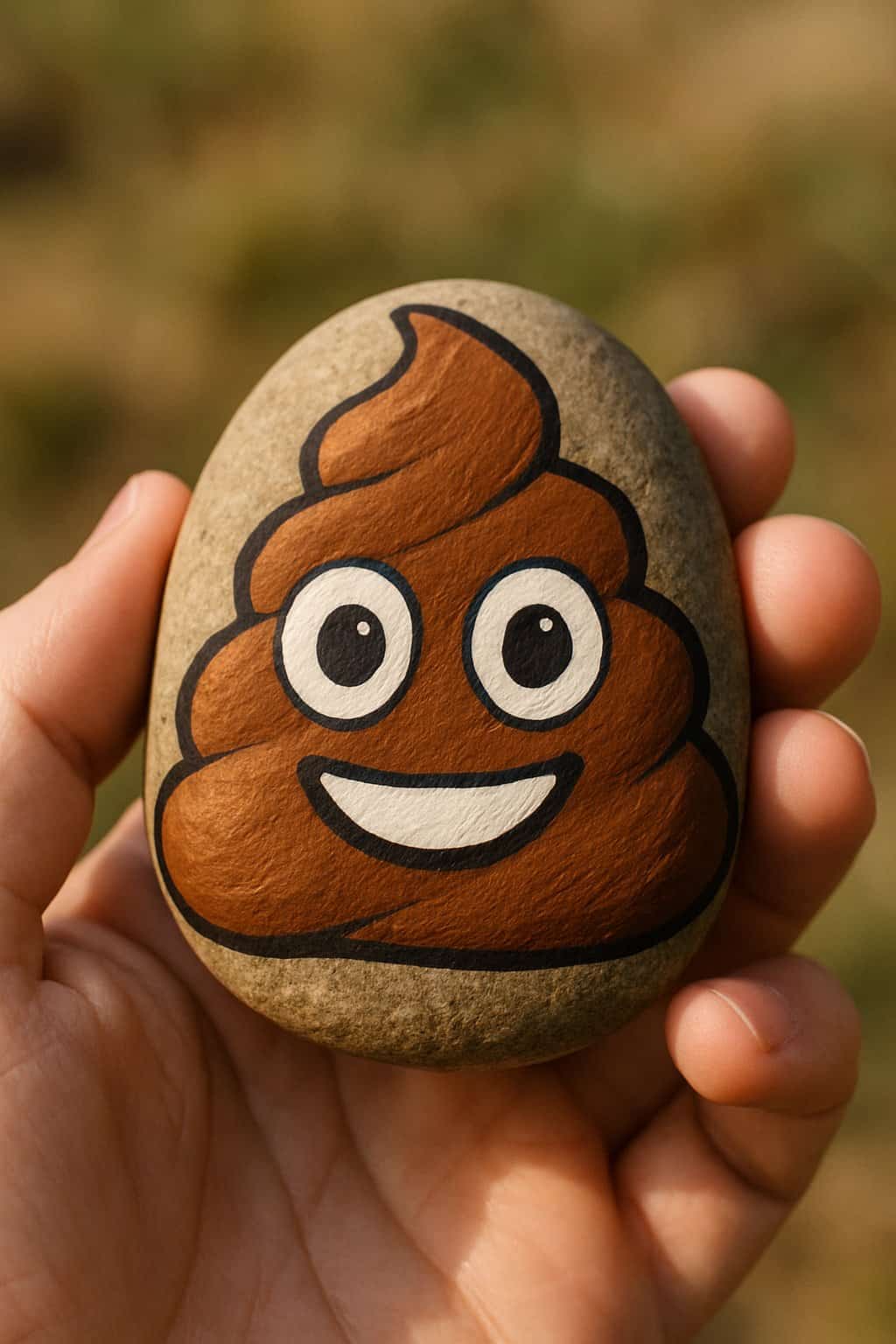 A hand holding a smooth river rock painted as a smiley poop emoji.