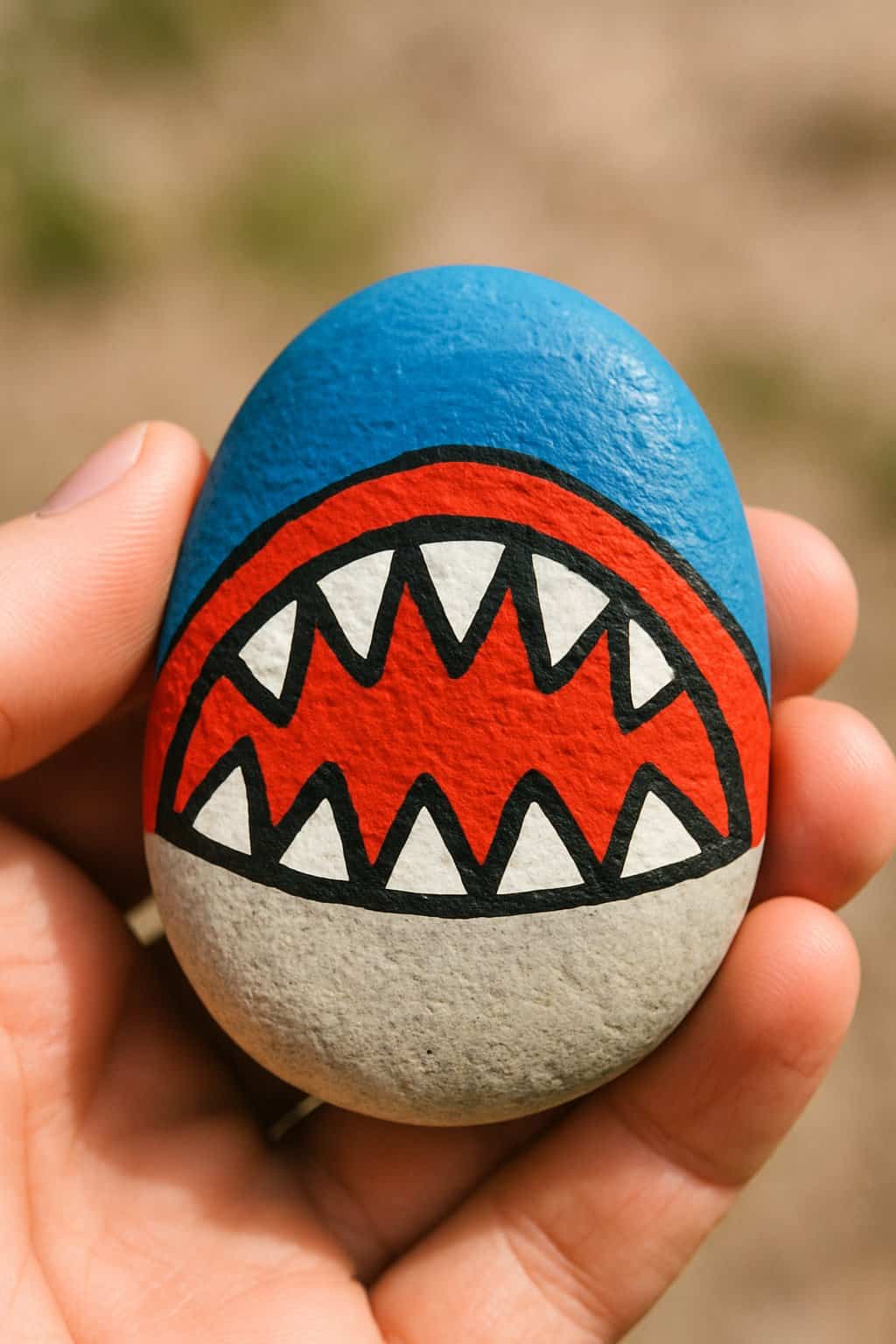A hand holding a smooth river rock painted with a quirky shark teeth design.