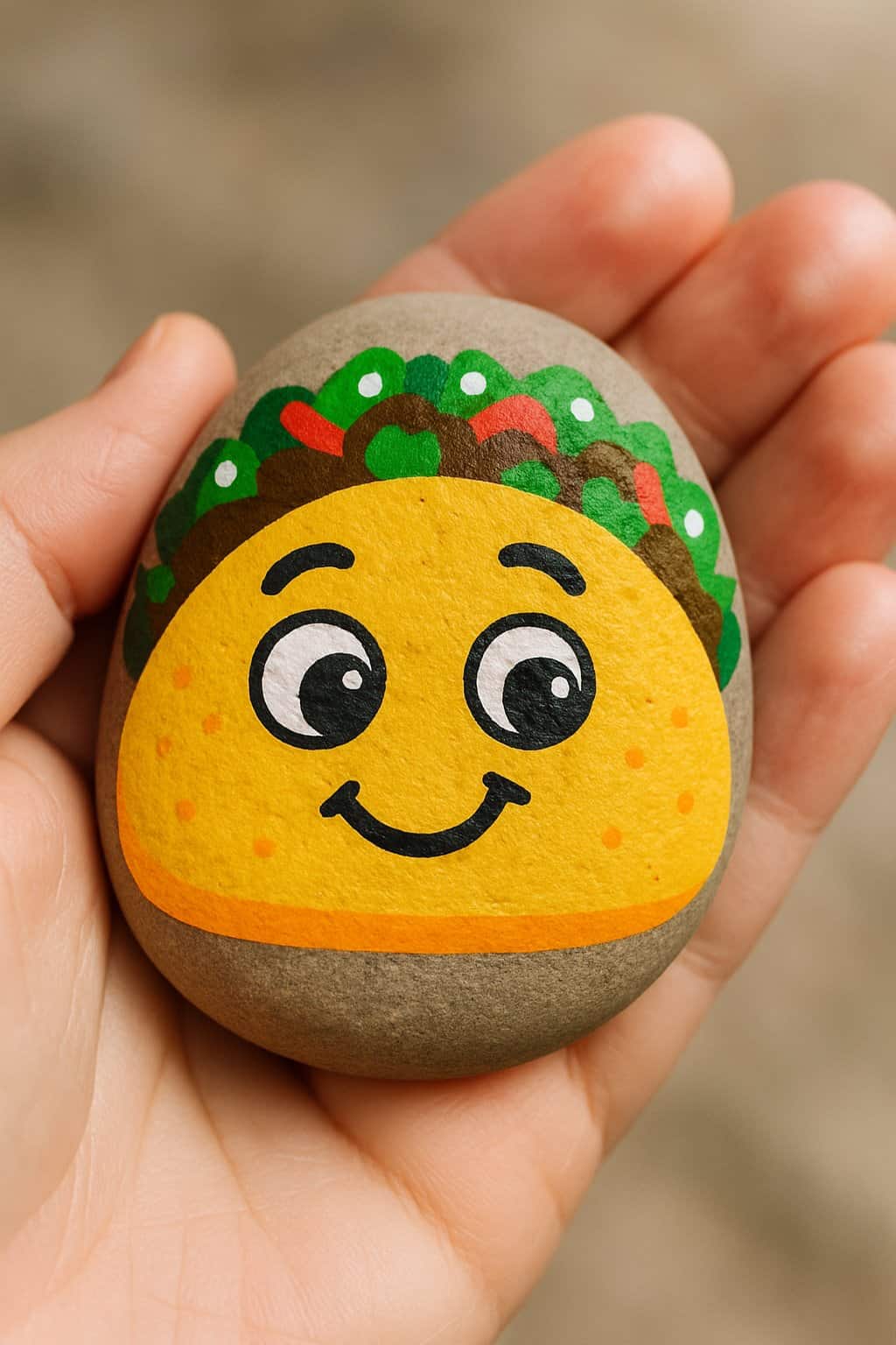 A hand holding a smooth river rock painted with a funny taco face.