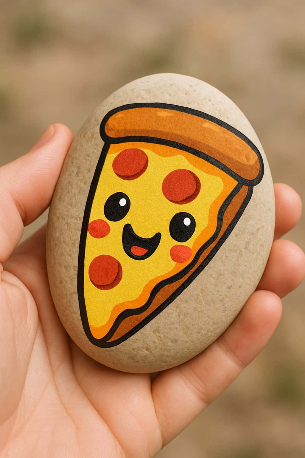 A hand holding a smooth river rock painted with a smiling cartoon pizza slice.