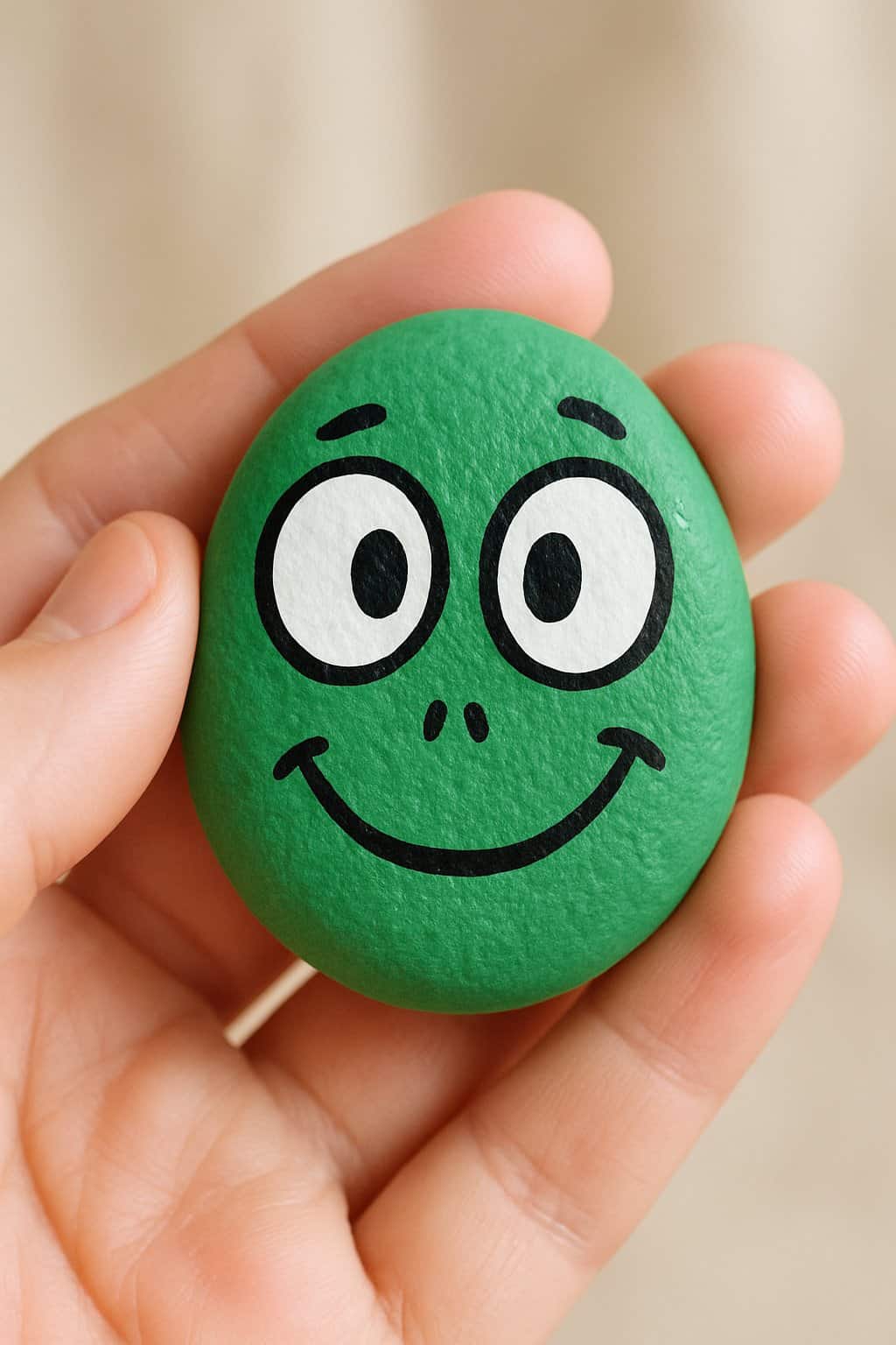 A hand holding a smooth river rock painted with a silly alien face.