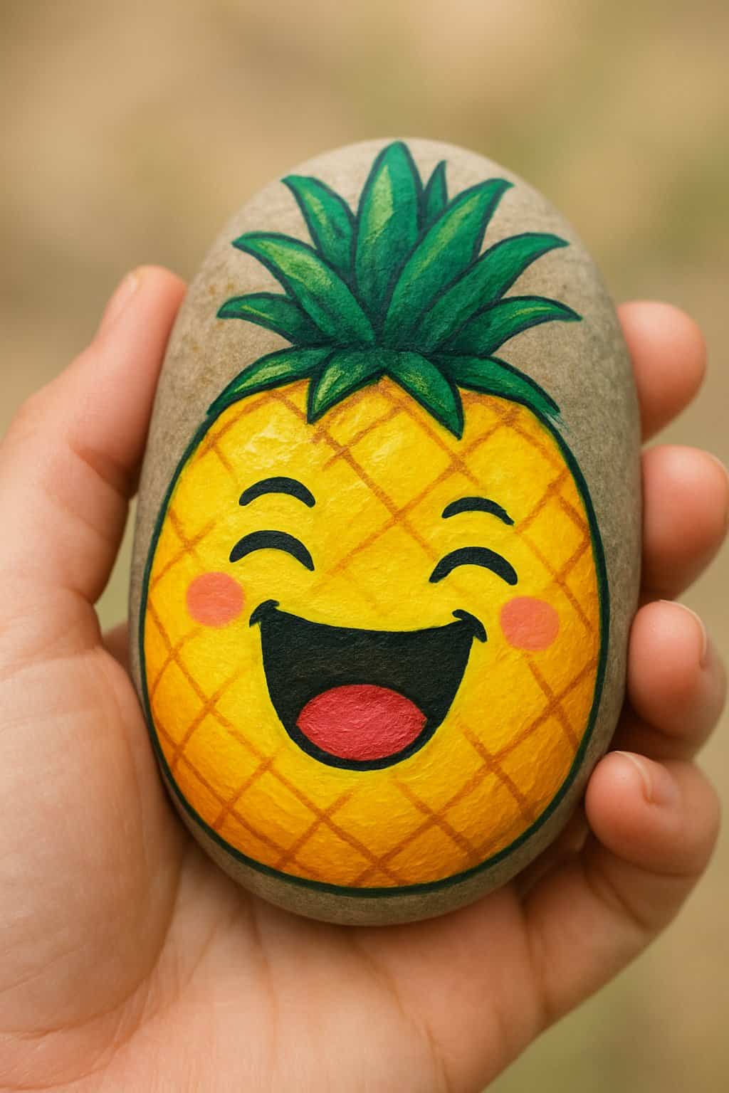 A hand holding a smooth painted rock that looks like a laughing pineapple.